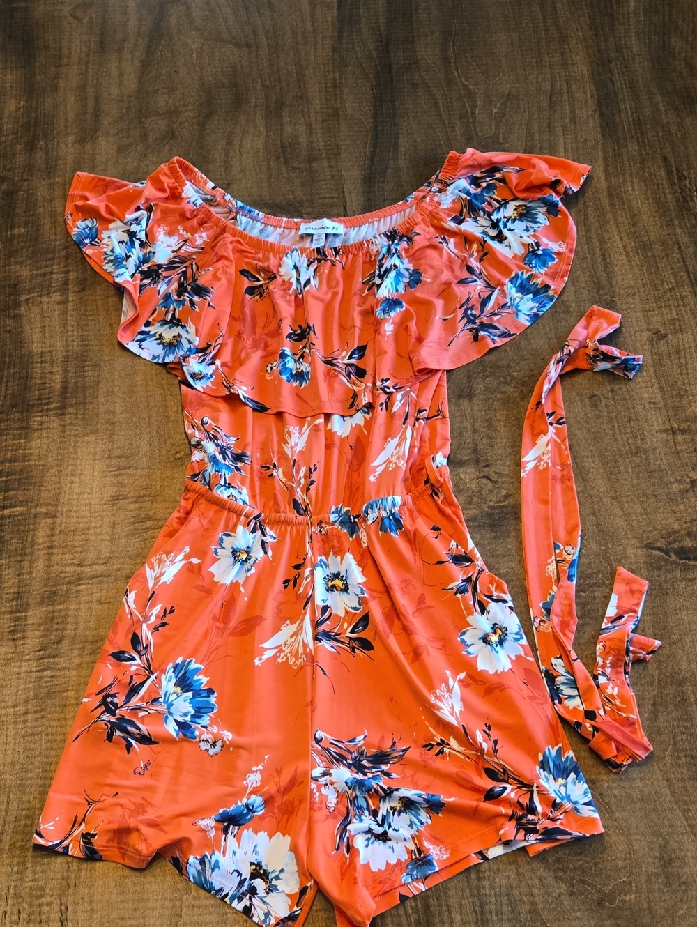 Veronica M Coral Floral Off-Shoulder Romper with Sash NWOT